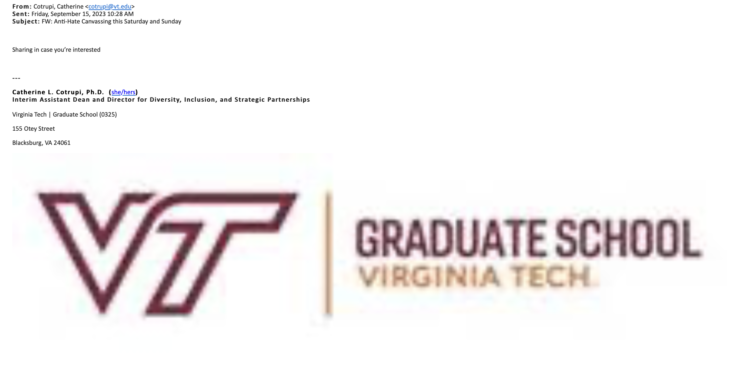 Virginia Tech DEI Director May Have Violated School Policy in Forwarding Email Slamming School Board Candidates Over Youngkin Policies